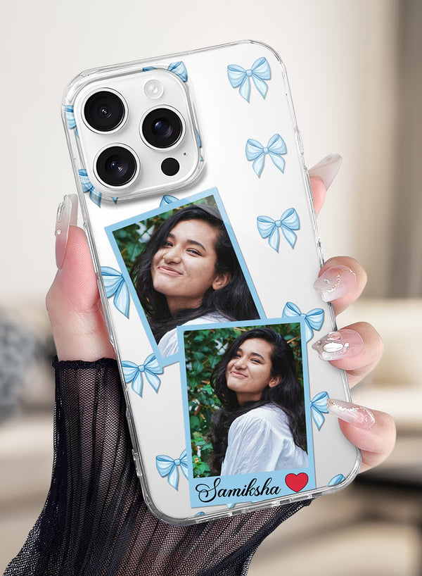 Blue Bow Dual Photo & Name Custom TPU Mobile Cover