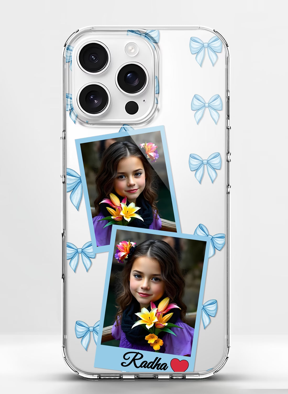 Blue Bow Dual Photo & Name Custom TPU Mobile Cover
