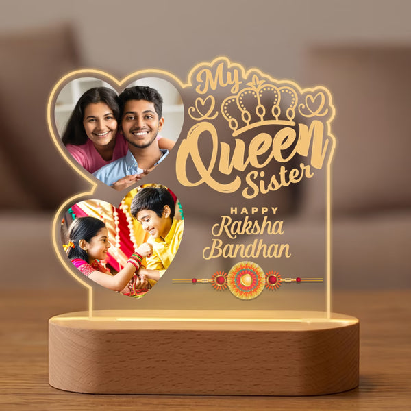 My Queen Sister Raksha Bandhan acrylic LED lamp with two heart photos and crown