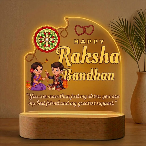 Happy Raksha Bandhan acrylic LED lamp with brother sister illustration and quote