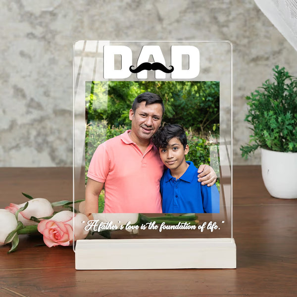 Personalised DAD acrylic photo plaque with father and son photo on wooden base for Father's Day gift