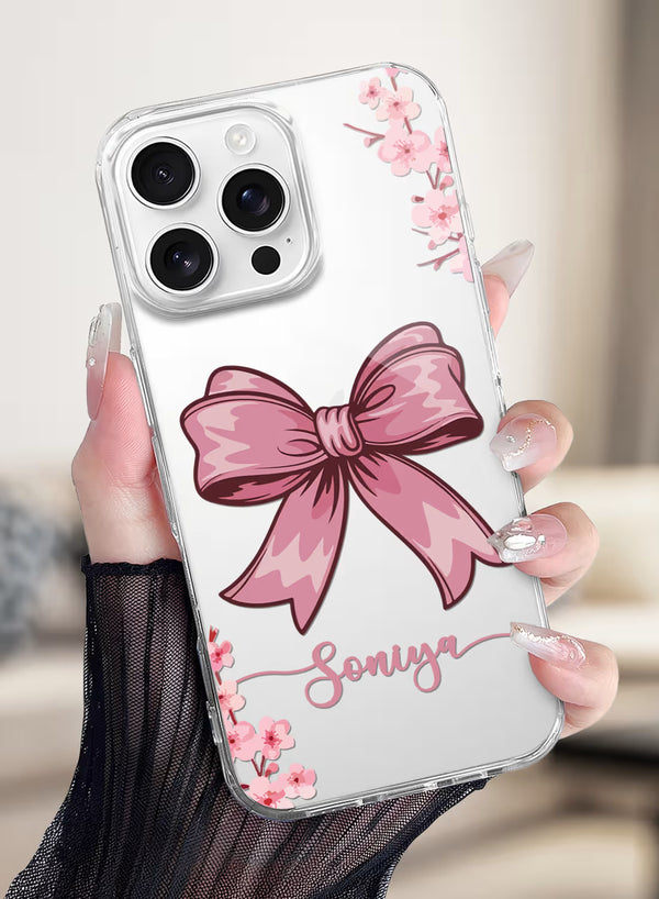 Cute Pink Bow & Floral Printed Clear Silicone Back Cover