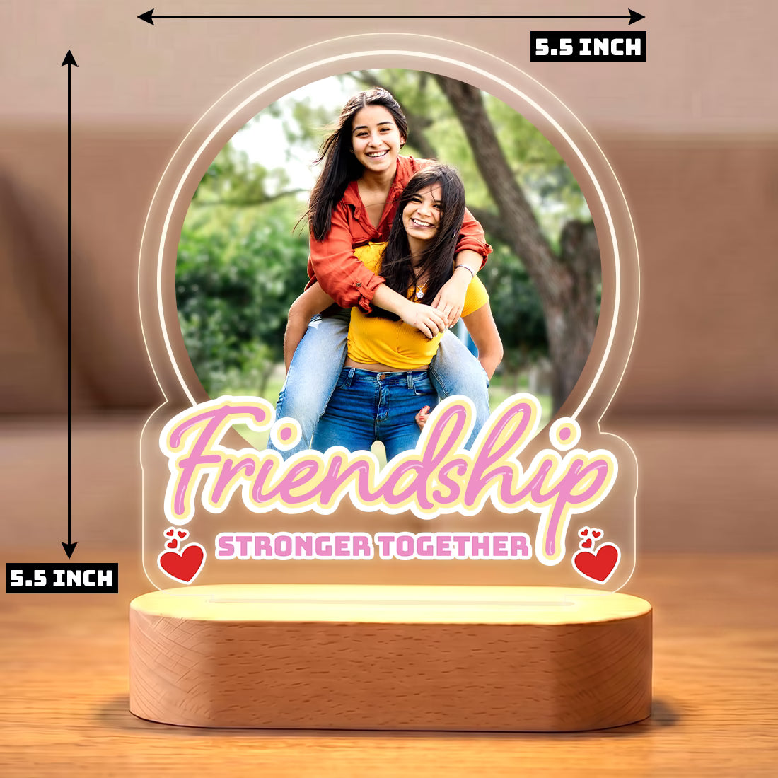 Dimension of Friendship Stronger Together acrylic LED photo lamp with bestie duo portrait