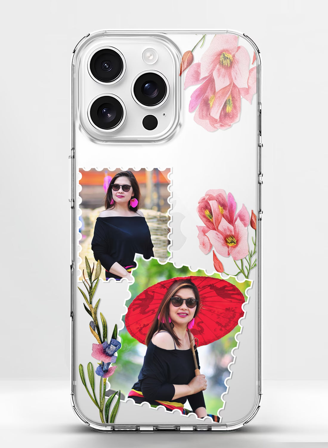 Pink Floral Stamp Dual Photo Custom Silicone Mobile Cover