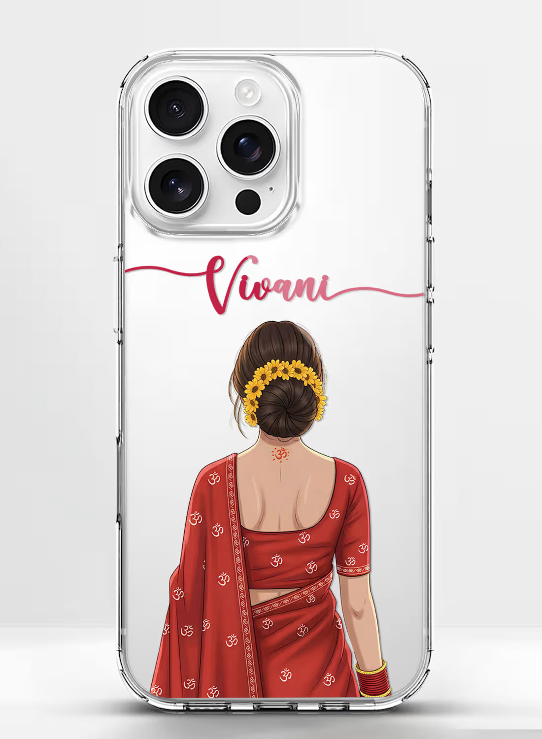Custom name Vivani printed on clear silicone phone cover with ethnic saree girl and Om print design