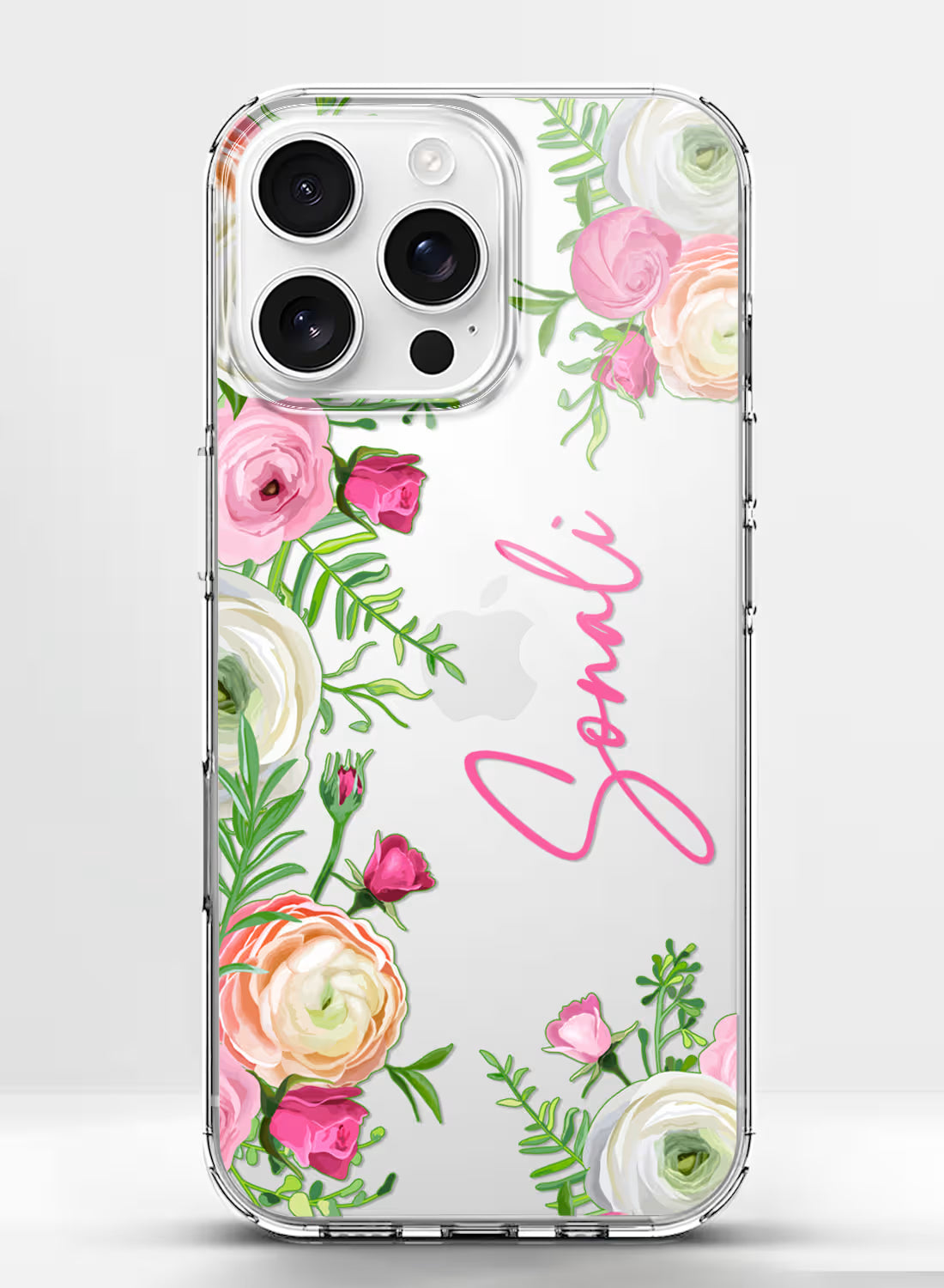 Custom name Sonali printed on clear silicone phone cover with pink rose garden floral border design