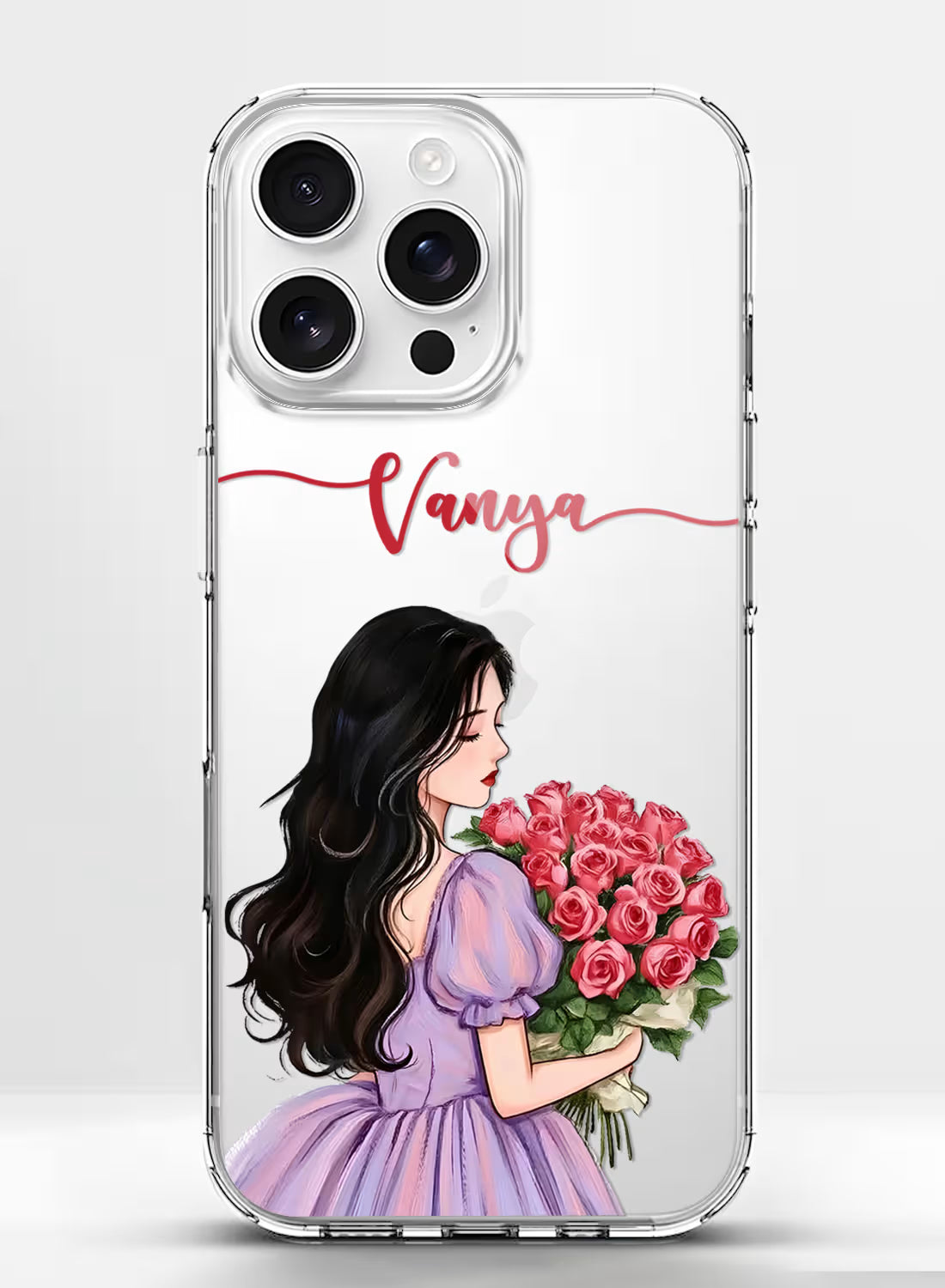 Rose Bouquet Girl custom name silicone mobile cover with romantic floral illustration