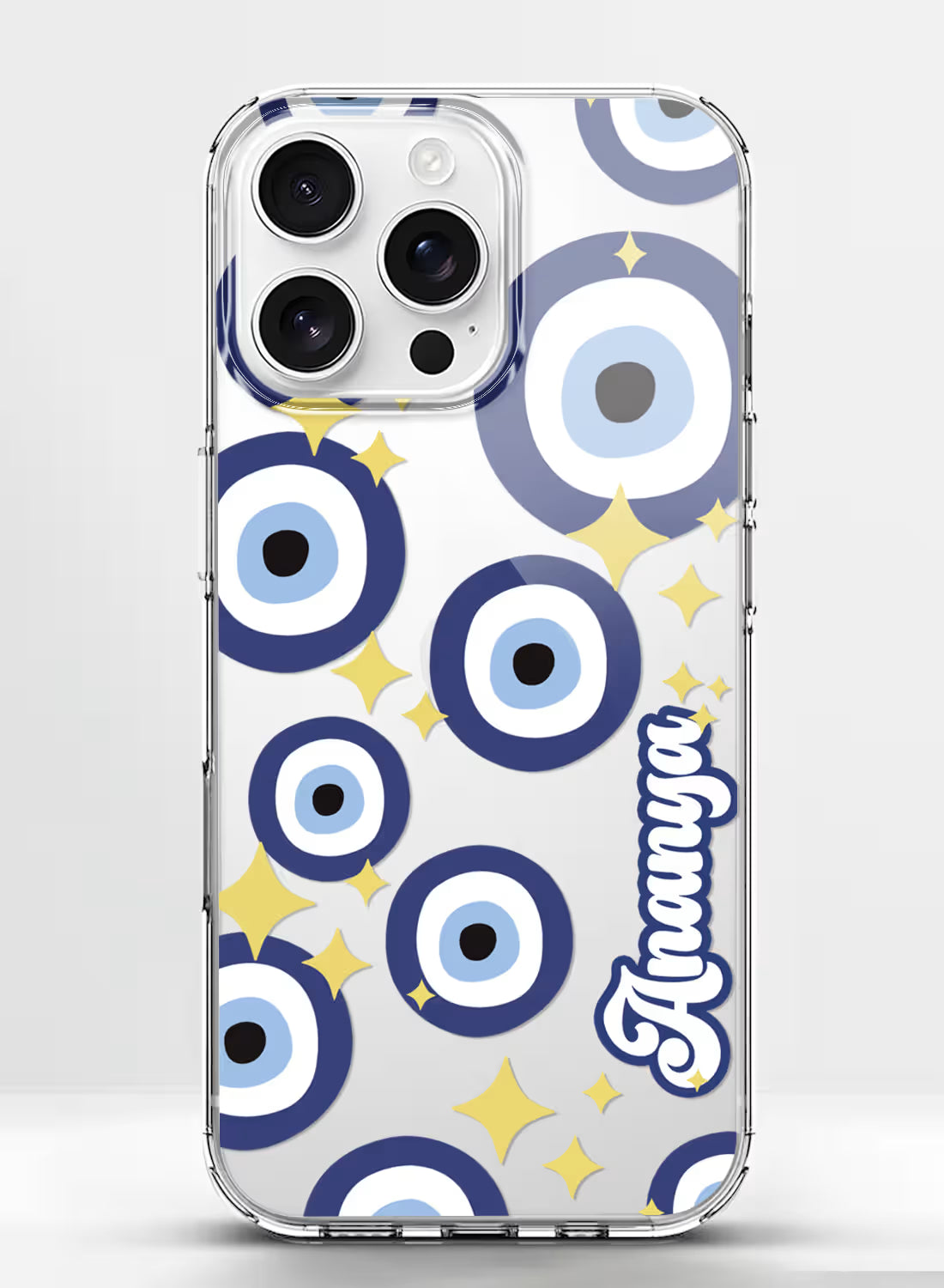 Custom name Ananya printed on clear silicone phone cover with blue evil eye pattern design