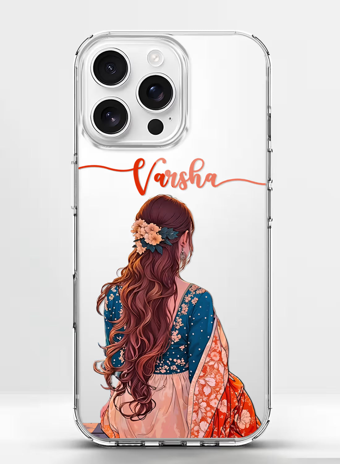 Custom name Varsha printed on clear silicone phone cover with floral hair ethnic girl design