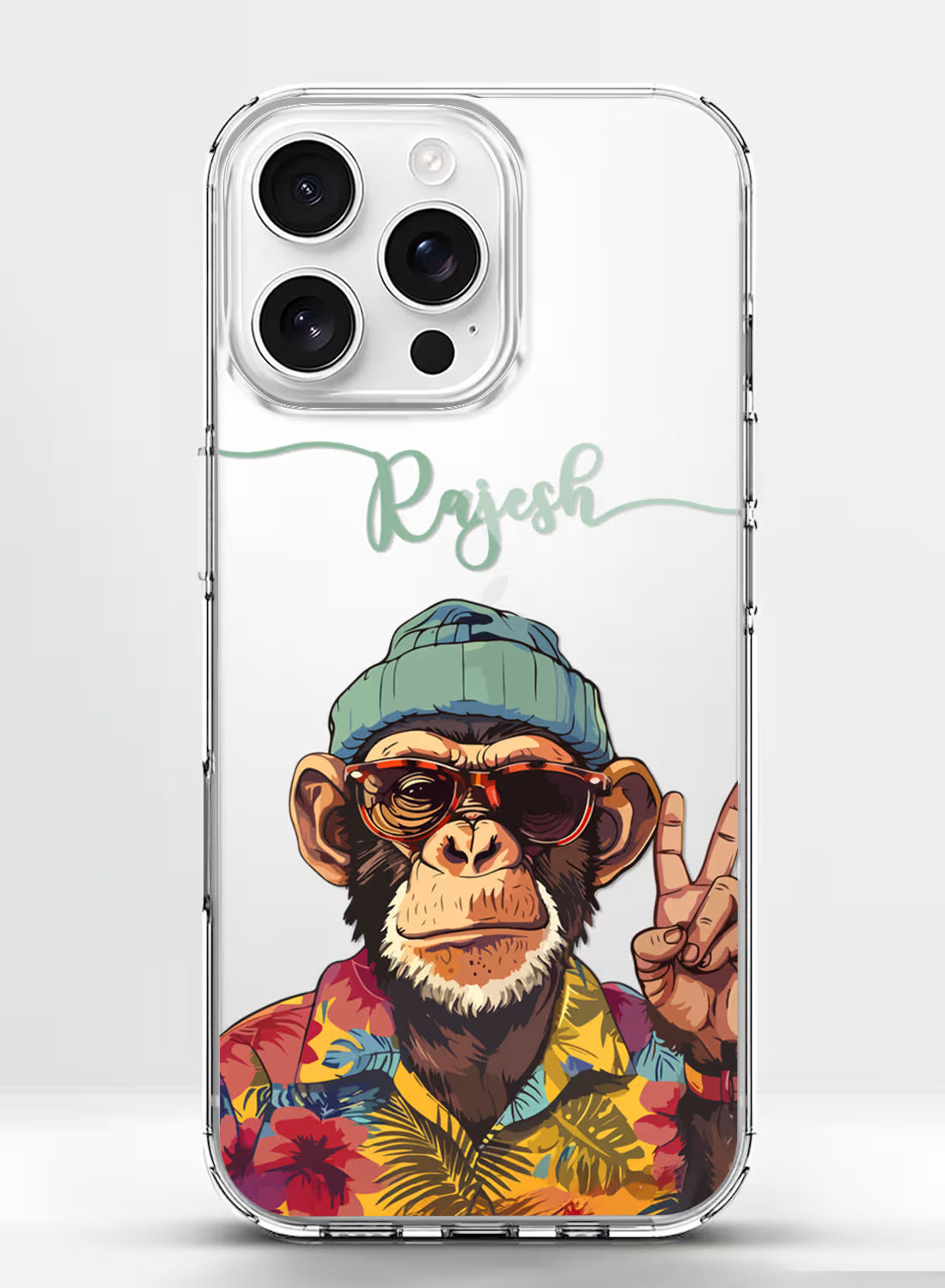 Custom clear silicone phone cover featuring an illustrative cool chimpanzee in a beanie, tropical shirt, and sunglasses making a peace sign.
