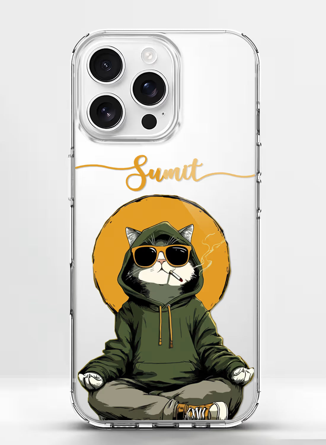 Custom clear silicone phone cover featuring a street art illustration of a cat wearing sunglasses and a green hoodie, sitting cross-legged and holding a smoking cigarette.