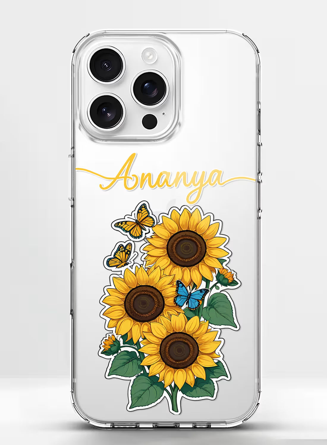 Custom name Ananya printed in golden script on clear silicone phone cover with sunflower and butterfly design