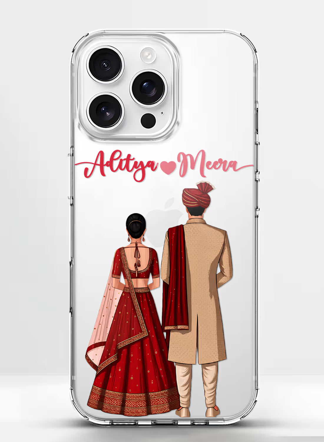 Custom UV-printed clear silicone phone cover with Indian bride and groom wedding couple and script couple names