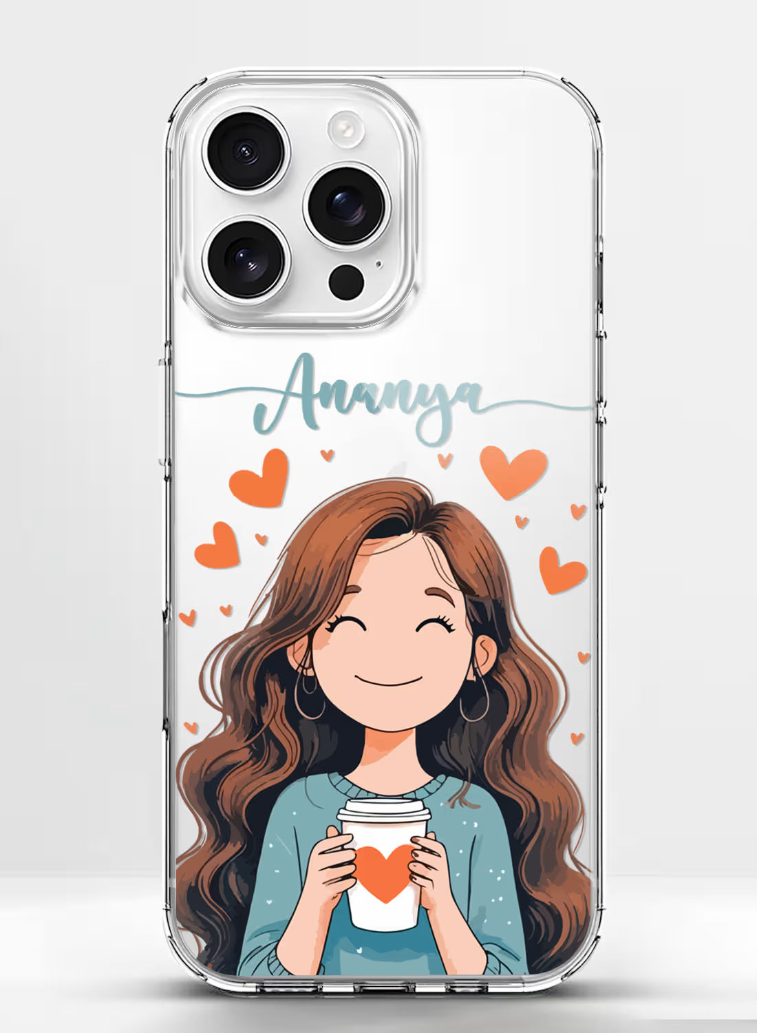 Custom UV-printed clear silicone phone cover with happy girl holding coffee cup, hearts and script name text