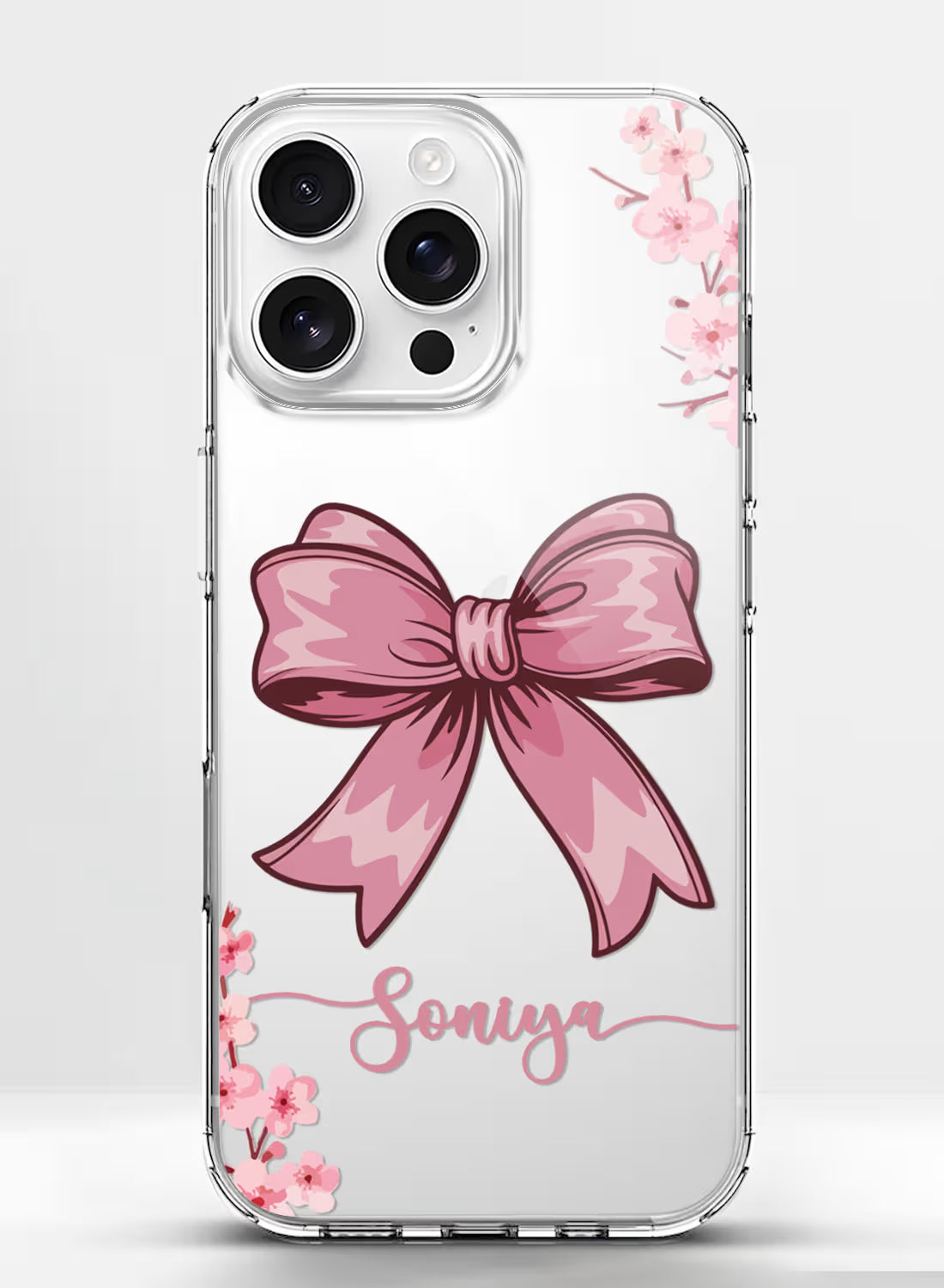 Cute Pink Bow & Floral Printed Clear Silicone Back Cover