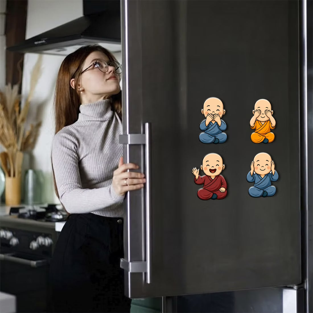 Cute Baby Monk MDF wooden fridge magnet set of 4 with playful poses
