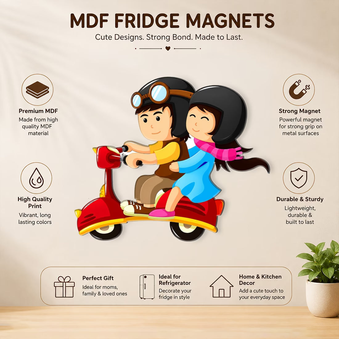 Cute couple riding scooter MDF fridge magnet in colourful cartoon design – Fashionury