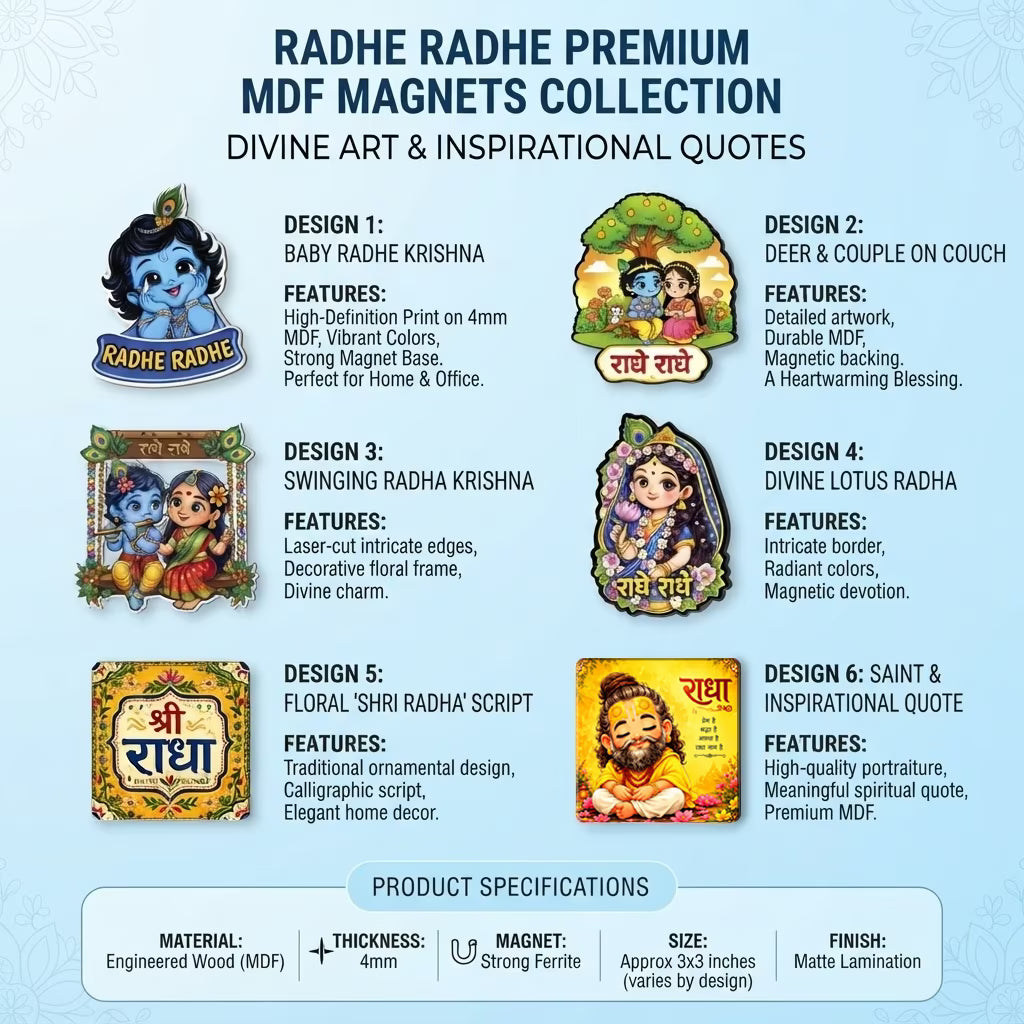 Radhe Radhe MDF fridge magnet set of 6 with cute Radha Krishna devotional designs – Fashionury