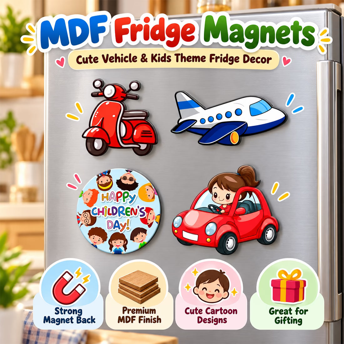 Children's Day vehicle theme MDF fridge magnet set of 4 with scooter, aeroplane and car designs – Fashionury