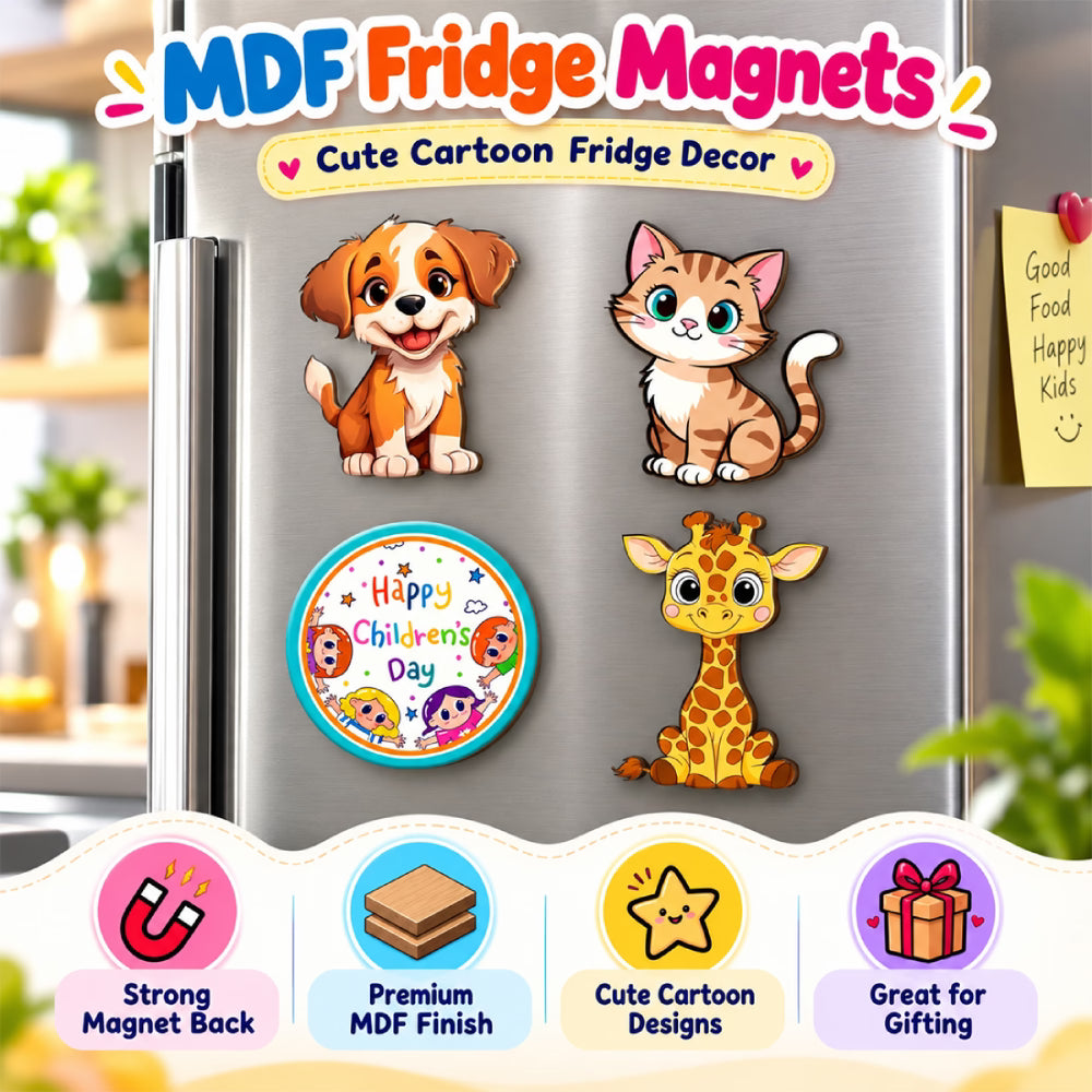 Happy Children's Day MDF fridge magnet set of 4 with puppy, kitty and giraffe cartoon designs – Fashionury
