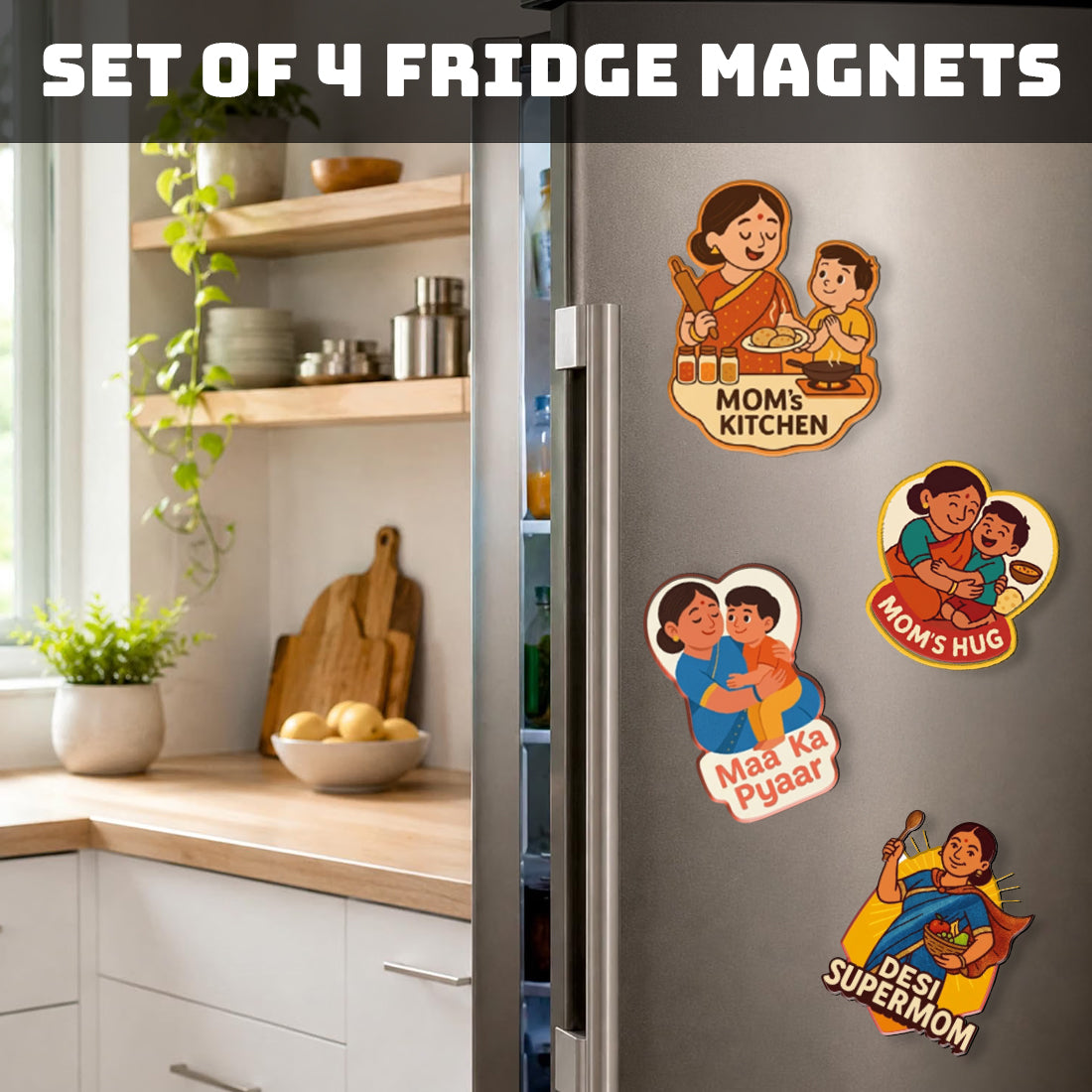 Mom Love MDF Fridge Magnet Set – Pack of 4 Desi Mom Designs