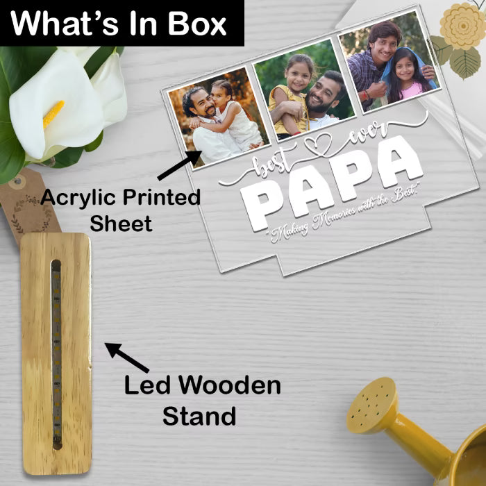 Personalised Best Ever Daddy 3 photo acrylic LED lamp with family pictures on wooden base for Father's Day gift