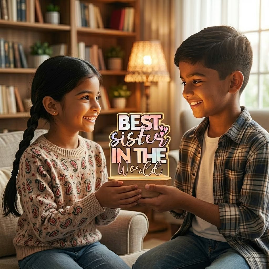 Best Sister in the World acrylic LED lamp with pastel typography on wooden base