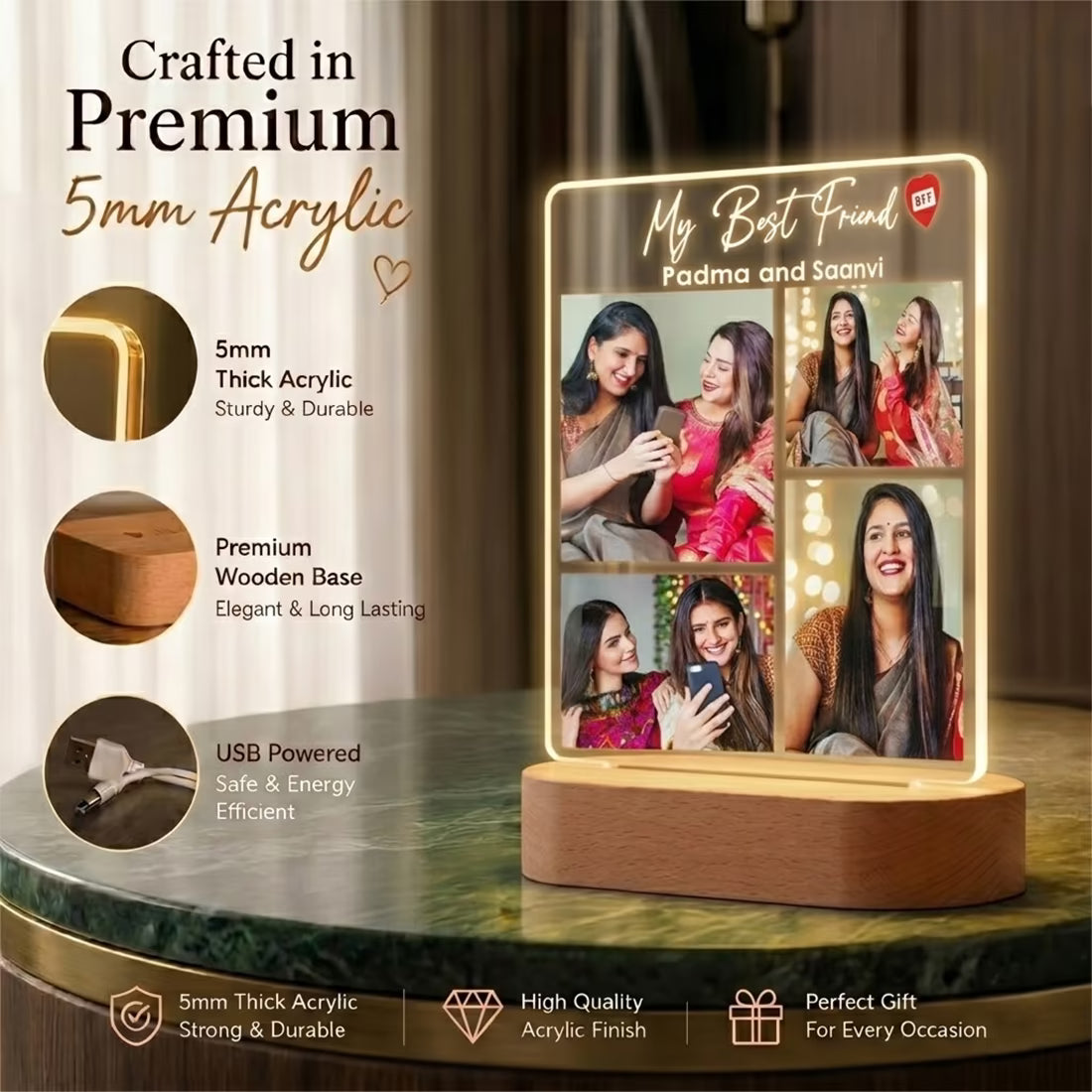 Infographic View of My Best Friend acrylic LED lamp with four photo collage and BFF names