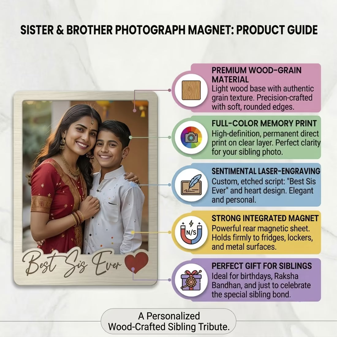 Best Sis Ever custom photo wooden fridge magnet with polaroid design and heart