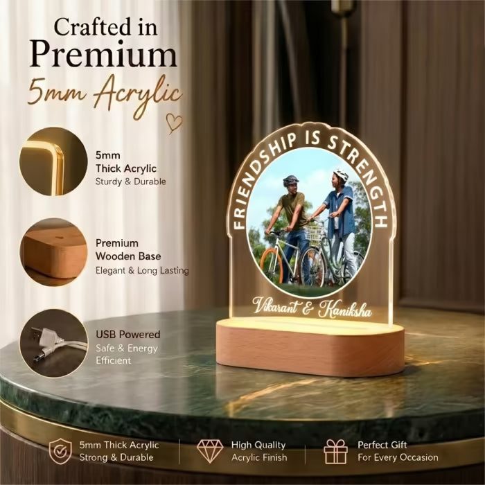 Infographic View of Friendship Is Strength acrylic LED lamp with bestie photo and custom names