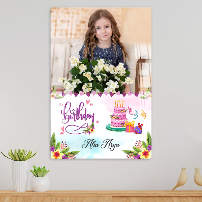 Personalised Birthday acrylic wall frame with kids portrait, name and colourful floral cake design