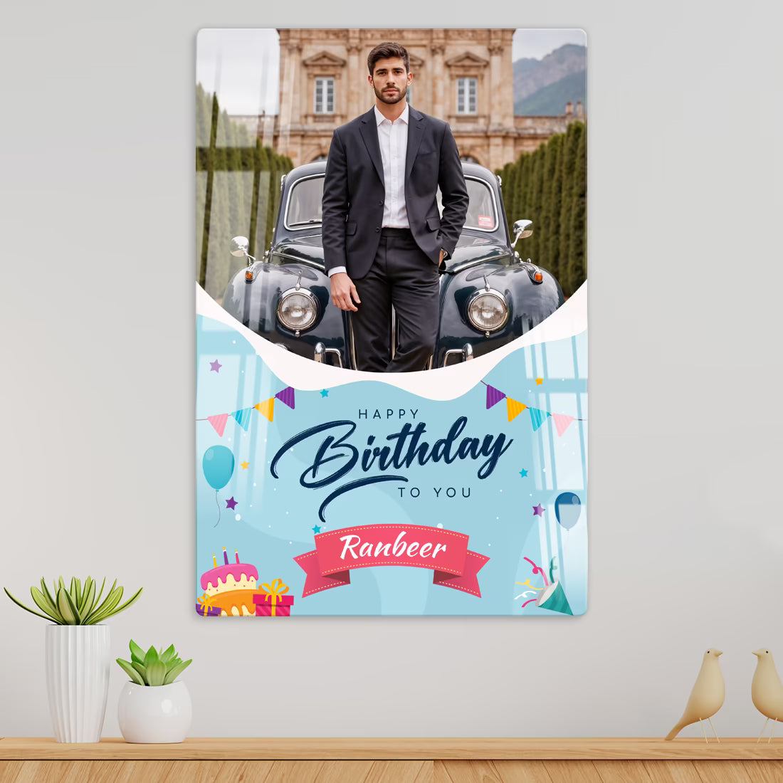 Personalised Happy Birthday acrylic wall frame with portrait photo, name banner and festive balloons design