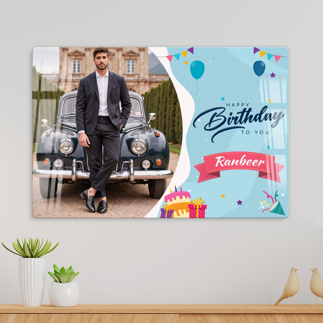 Personalised Happy Birthday acrylic wall frame with Landscape photo, name banner and festive balloons design