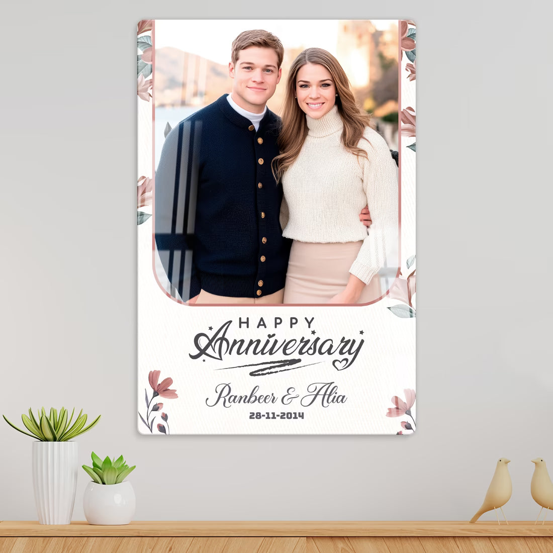 Anniversary Floral custom acrylic wall frame with couple photo, watercolour pink flowers, names and date on white base by Fashionury