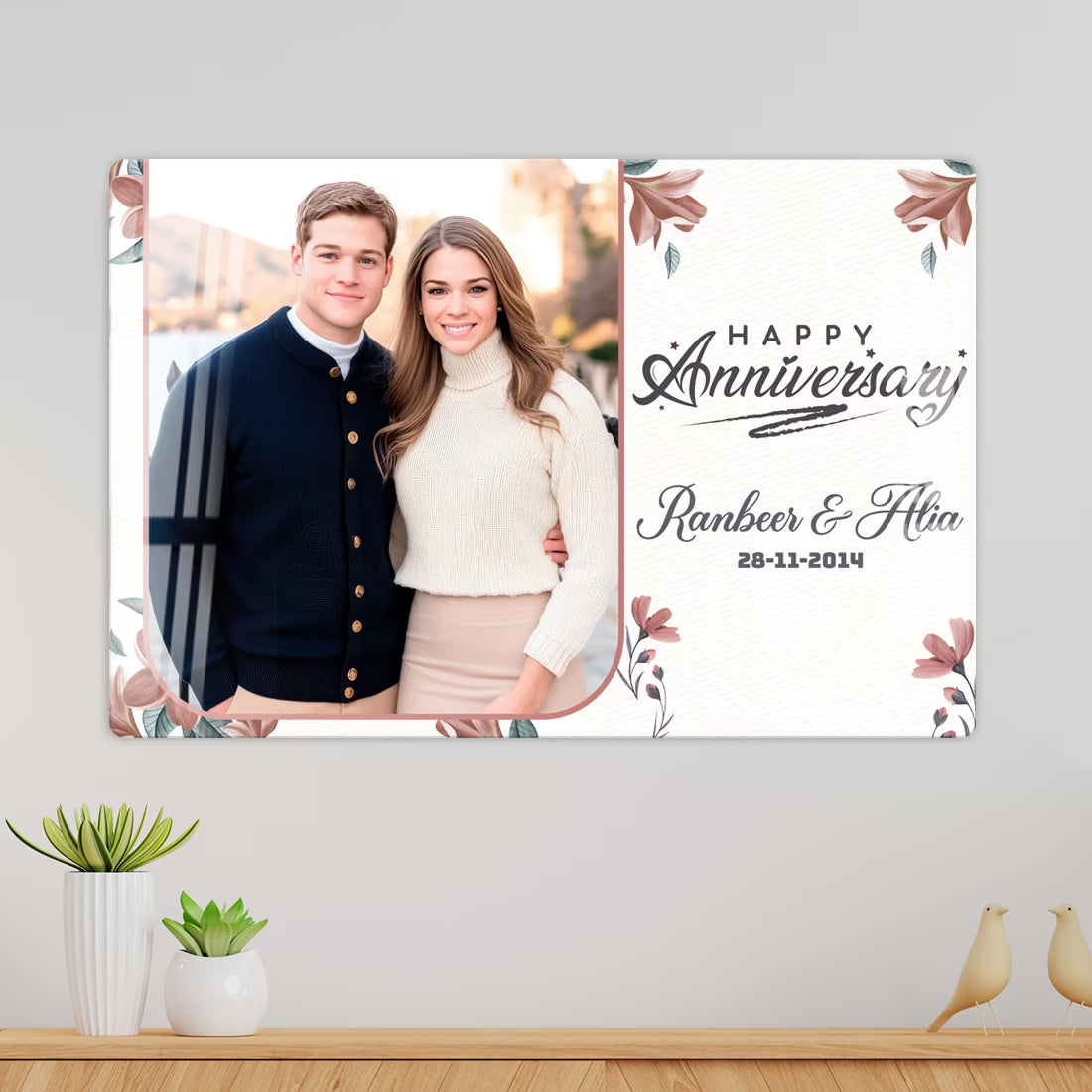 Personalised Happy Anniversary acrylic wall frame with couple photo, names and date in landscape floral design