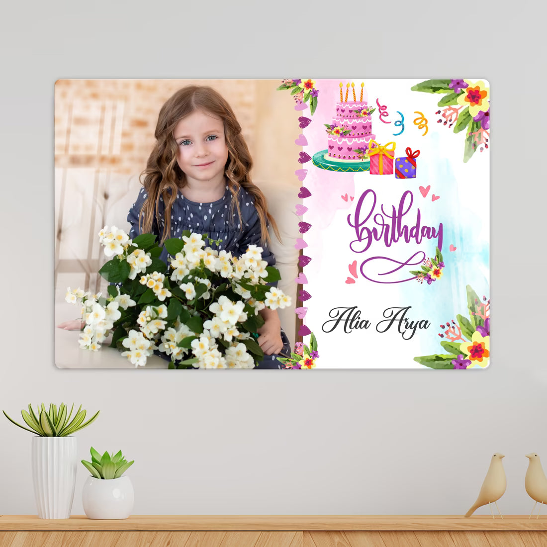Personalised Birthday acrylic wall frame with kids Landscape, name and colourful floral cake design