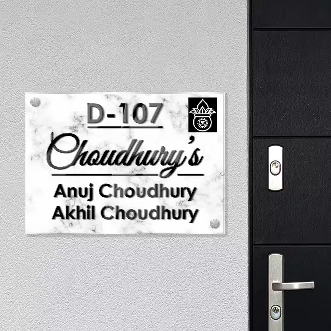 Acrylic Custom Premium Name Plate White Marble texture with spiritual symbol, custom family name, individual names and house number by Fashionury