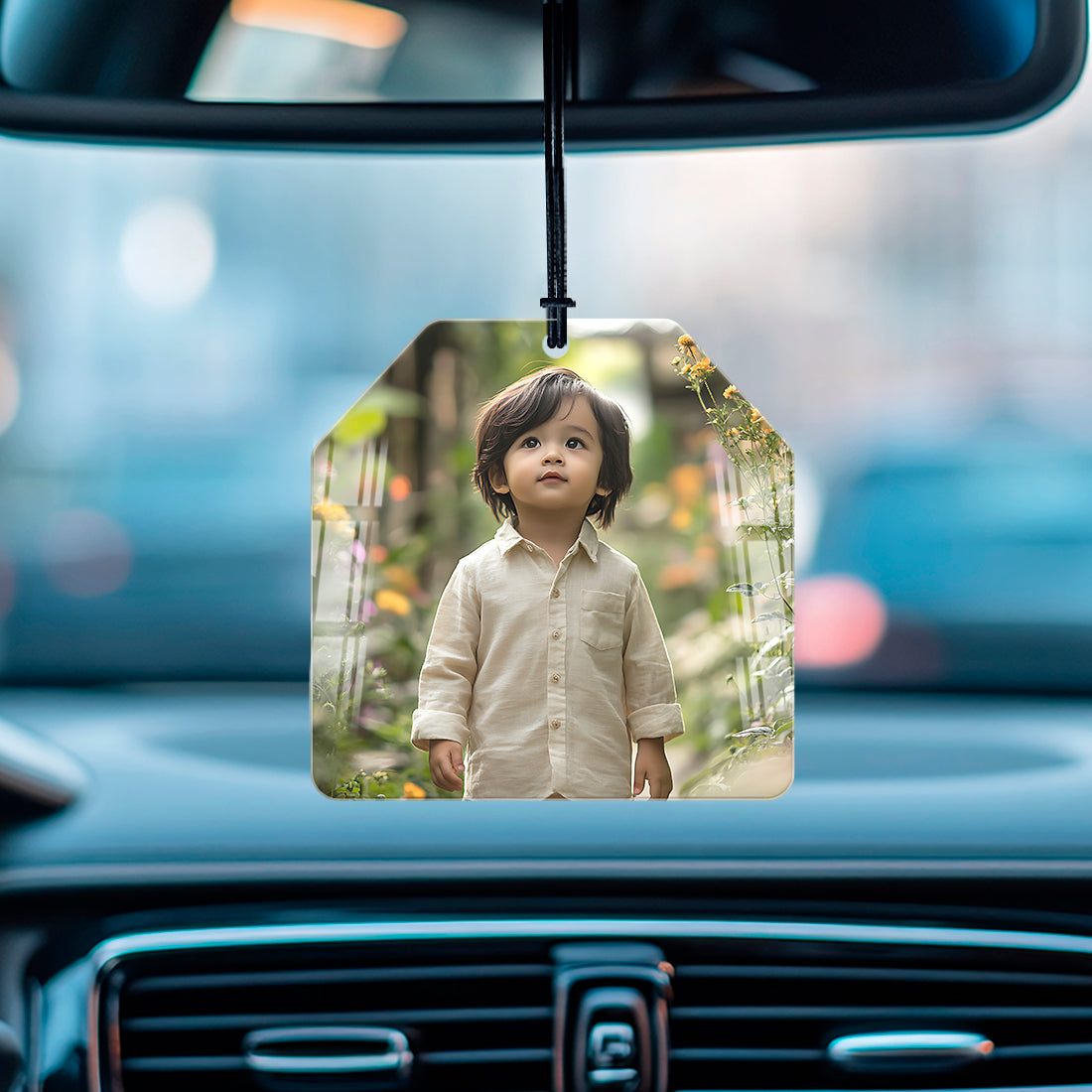 Acrylic custom photo car hanging – modern personalized car mirror decor by Fashionury