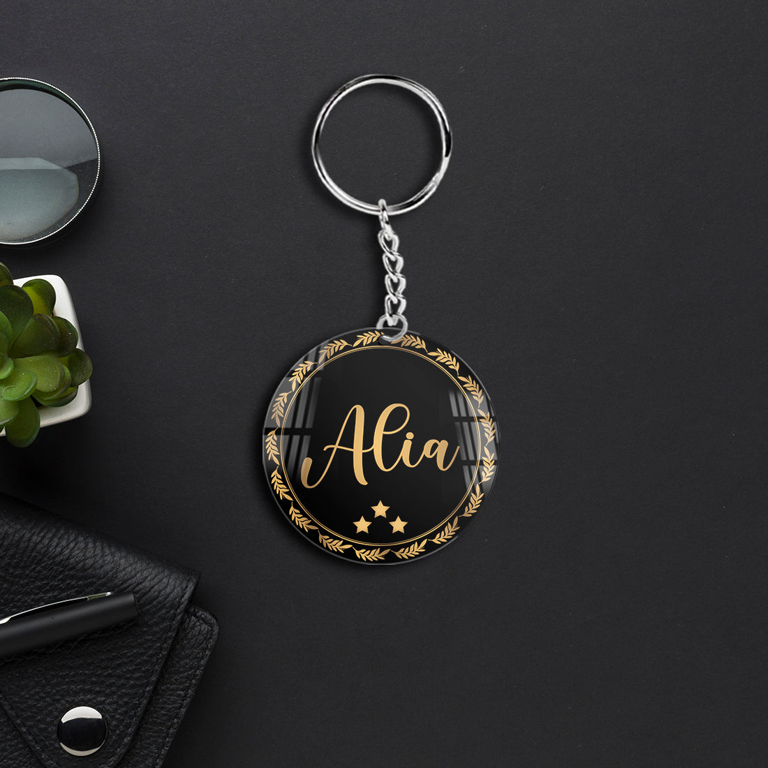 Acrylic Custom Black Keychain with Leaf Name