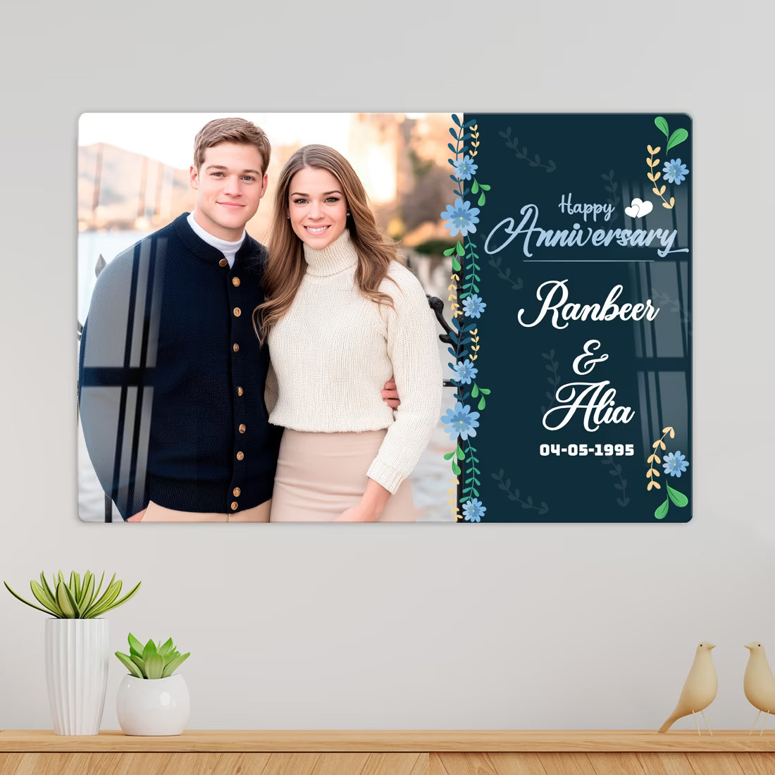 Happy Anniversary custom acrylic wall frame with couple photo, names, date and blue floral border design by Fashionury