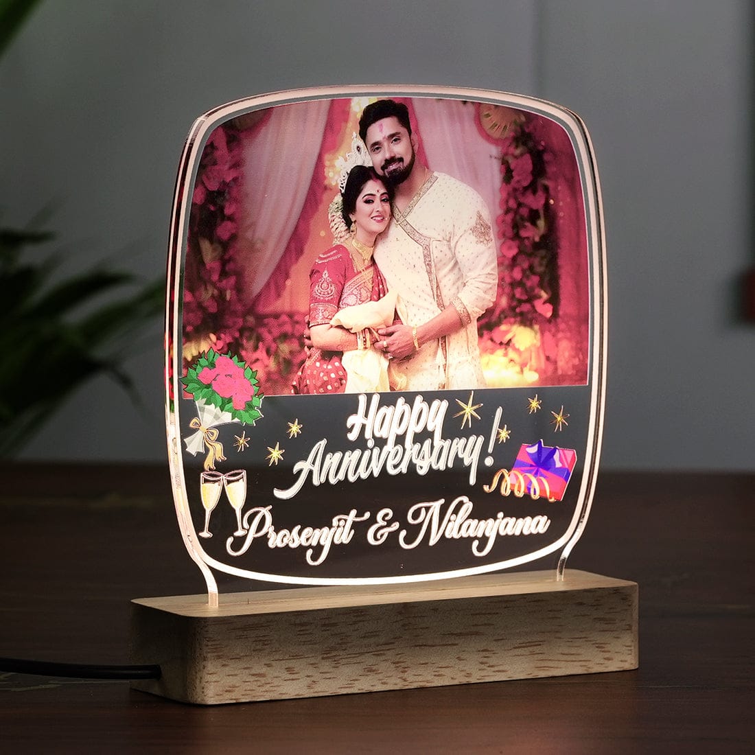 Side View of Fashionury Custom Name Acrylic Anniversary Lamp with LED Wooden Base - Square