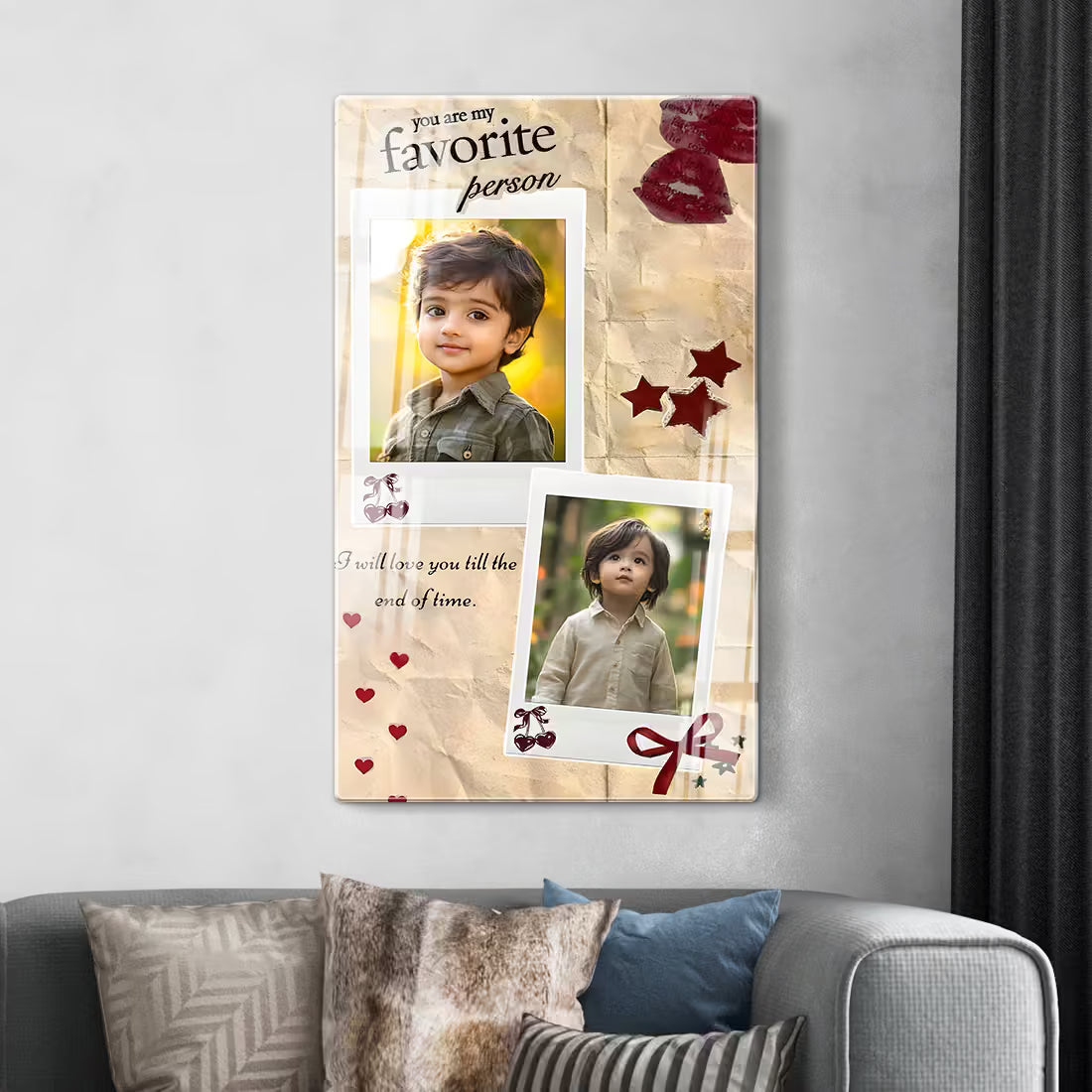 Personalized acrylic photo frame. Vintage paper texture design with red stars and sentimental 'favorite person' typography.