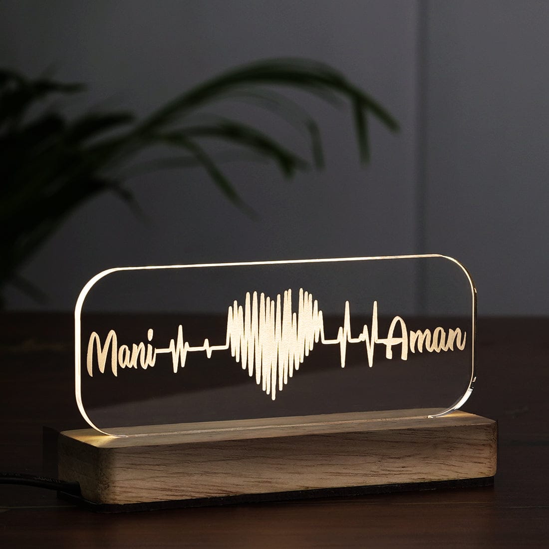 Side View of Fashionury Custom Name Engraved Name LED Night Lamp with 2 Heart Names