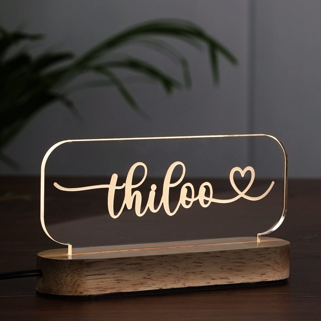 Side View Fashionury Custom Acrylic Engraved Name LED Night Lamp with Heart shape Name and wooden stand