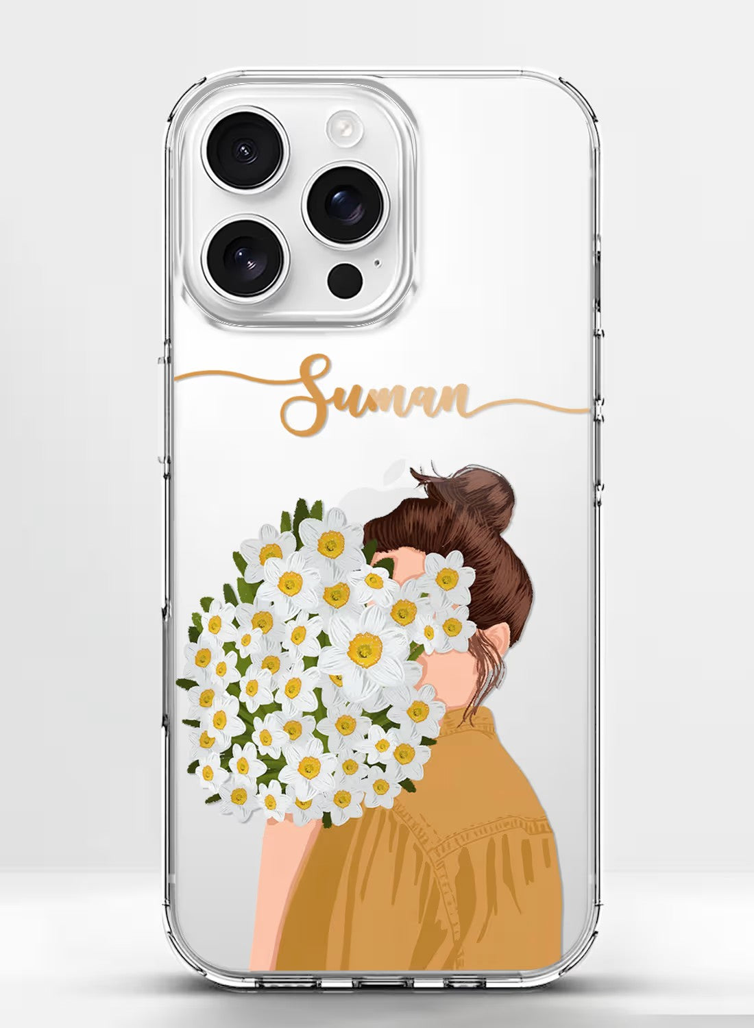 A clear phone case featuring an artistic design of a girl with a bouquet of daisies and a place to add a custom name.