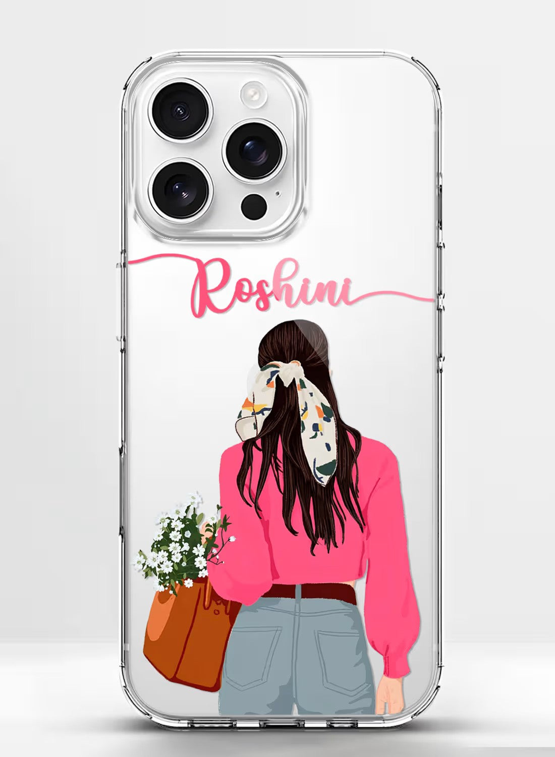 Aesthetic girl with daisy bouquet illustration on a clear silicone phone case with custom name option.