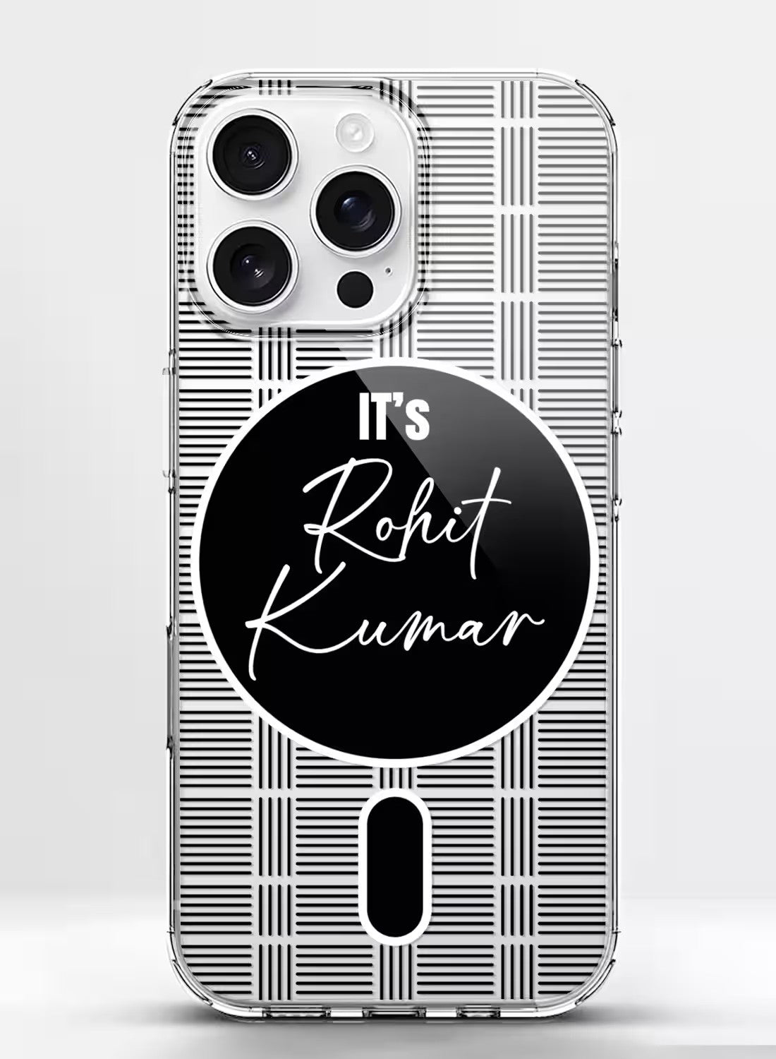 Personalized name phone case with black and white grid pattern design on a shock-absorbent clear silicone back cover.