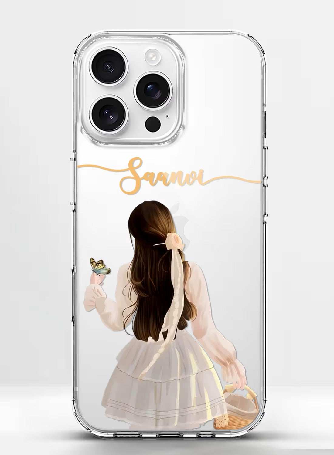 A clear silicone phone case featuring an artistic girl holding a basket and butterfly, customizable with a name.