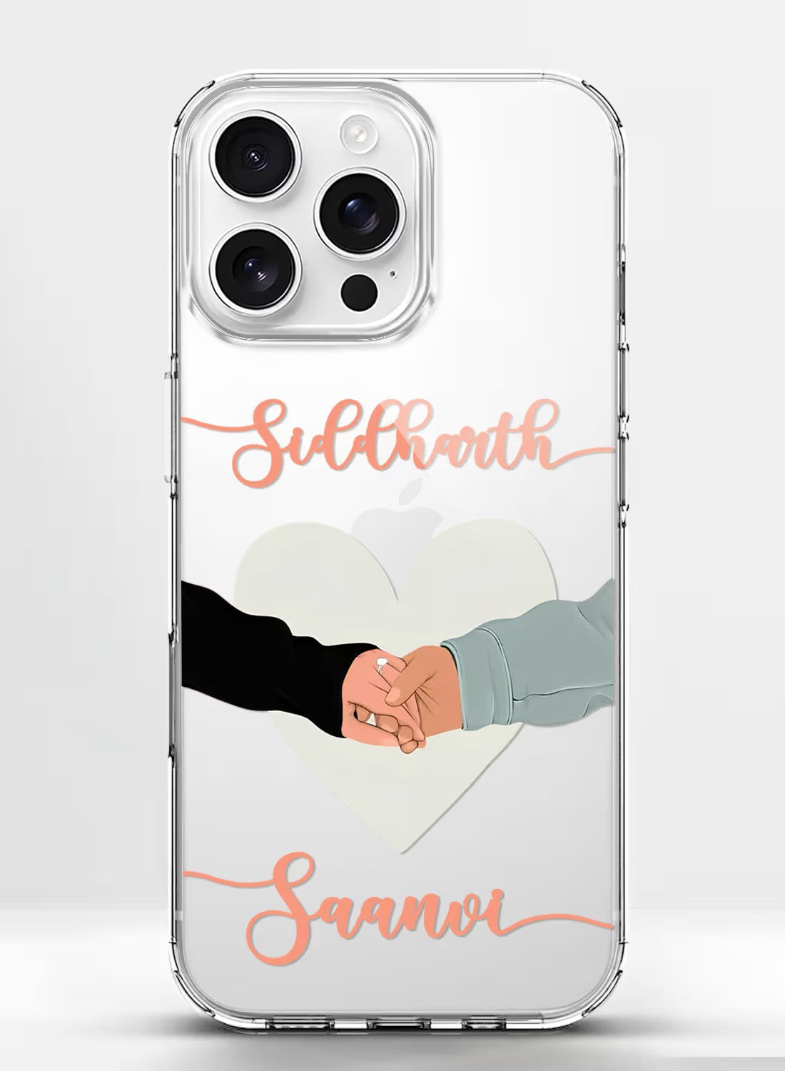 Personalized clear phone case with a romantic couple holding hands illustration and custom name typography.