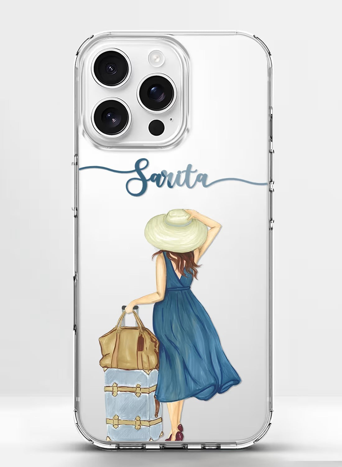 Personalized clear phone case featuring a stylish girl with a sun hat and travel suitcase, custom name option available.